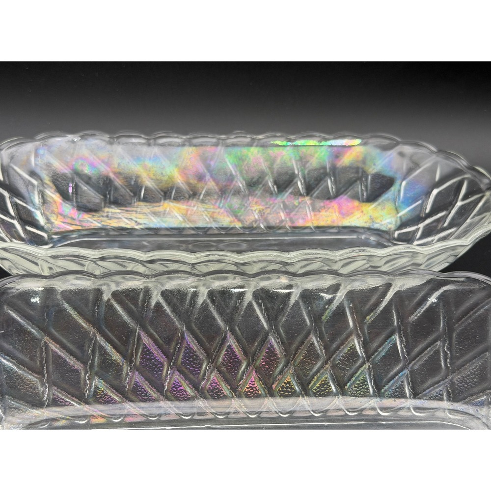 Vintage Iridescent Clear Glass Relish Dishes Diamond Lattice Pattern Set of 2 - Picture 5 of 6